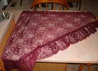 Burgundy lace curtains, 2 panels each 38 x 38 inches