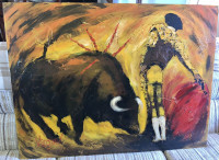 Vintage Large Mid-Century Oil Painting on Board, Bull Fighter