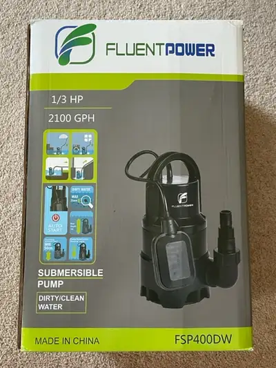 For Sale: Submersible Sump Pump, FluentPower FSP400DW, with cord, float and hose adapters/ fittings...