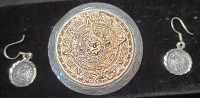 Vintage Silver Gold Mayan Calendar Pendant Brooch Earring Set