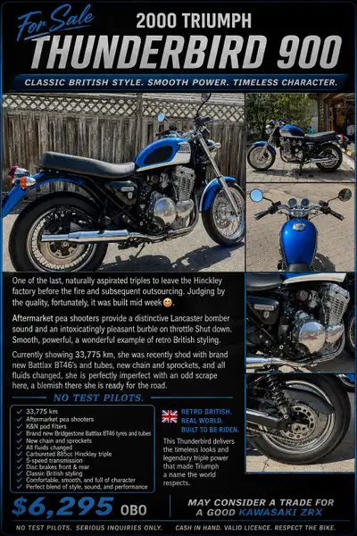 For Sale – 2000 Triumph Thunderbird 900 One of the last naturally aspirated Hinckley triples to roll...