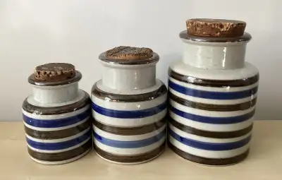 PRICE DROP-3 ASAHI JAPAN Striped Ceramic Stoneware Canisters VTG, View more