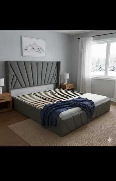 This upholstered bed frame features a sleek, modern design with a high headboard, perfect for adding...
