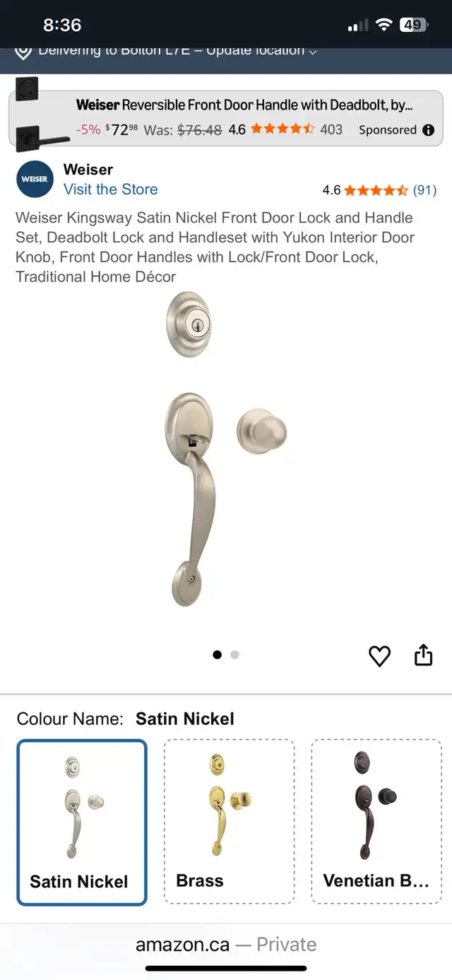 Weiser Front Door Handle
