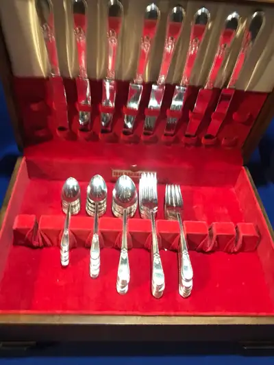 Vintage 48 Piece Set of "Adoration" Flatware in 1847 Rogers Bros Silver Plate in Original Case. Eigh...