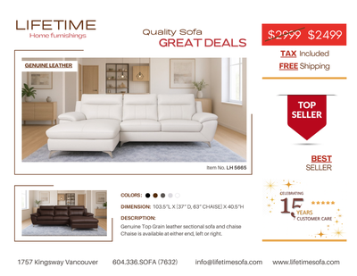 Top grain real leather sectional sofa with chaise at either end, View more