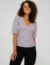 New Printed V-Neck Button-Front Top With Puff Sleeves