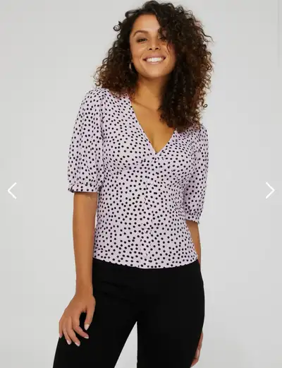 New Printed V-Neck Button-Front Top With Puff Sleeves