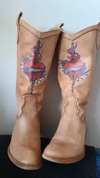 Cowboy boots with True Love Heart Dagger Tattoo Art