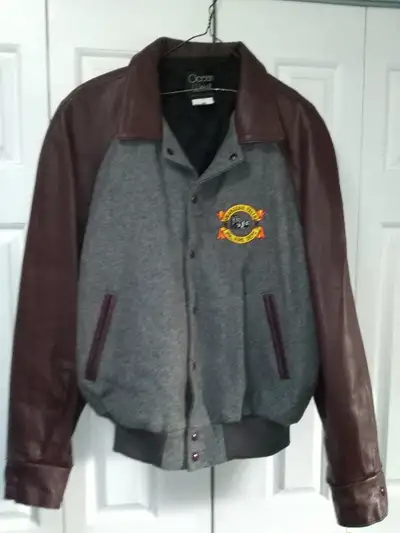FIRE DEPT FIREFIGHTER'S EMBROIDERED JACKET!  WOOL & LEATHER Size, View more