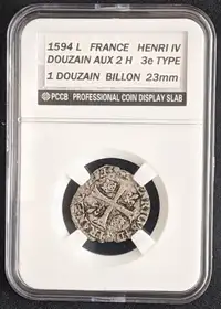 1594 L, FRANCE HENRI IV, DOUZAIN AUX 2 H, 3e TYPE, RARE Monnaie