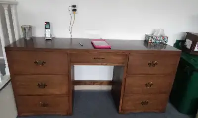 Wood deck - was made by Vancraft. 6 large drawers and 1 middle one. Size 58" x 18".