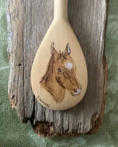 Wood burned and hand coloured decorative wooden spoon mounted on 100 year old barn board and ready t...