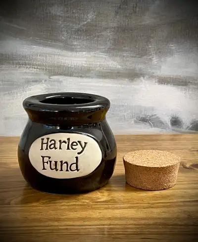 Harley Fund Pottery Coin Bank • Black Ceramic Jar with Cork, View more