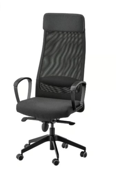 IKEA MARKUS office chair in black mesh. Comfortable high-back design with headrest and lumbar suppor...