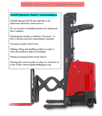 Reach Truck Operator Guelph $22.00/hr., View more