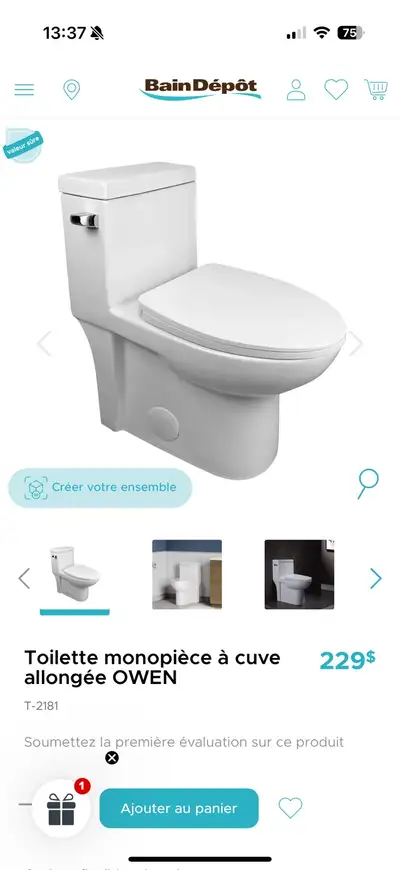 Boîte ouverte, neuve. Toilette monopiece à cuve allongée blanche Owen 12 pouces 4.8L, avec joint de...