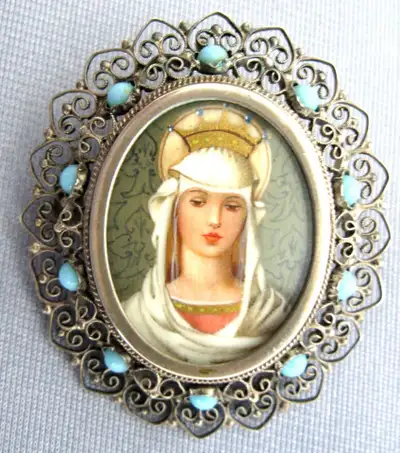 VINTAGE 800 SILVER FILIGREE VINTAGE HANDPAINTED PORTRAIT PENDANT, View more
