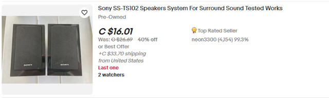 2 Sony SS-TS102 Surround Sound Speakers in Other in St. Albert - Image 2