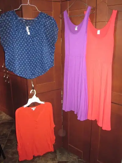 3 old navy dresses, old navy red shirt, sheer blue short sleeve