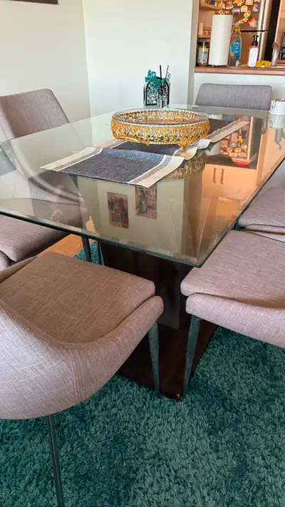 Glass Top Dining Table with 6 Chairs – Like New, View more