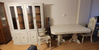 FREE!! Large solid wood table, chairs and cabinet.