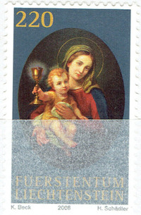 LIECHTENSTEIN. Timbre seul neuf "Sainte-Marie avec Jésus", 2008.