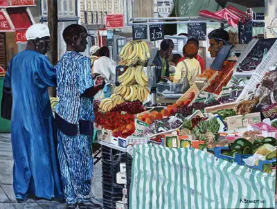 "Parisian Fruit Market"Original Oil Painting by Rosemary Bennett 30 X 40 inches in size. This painti...