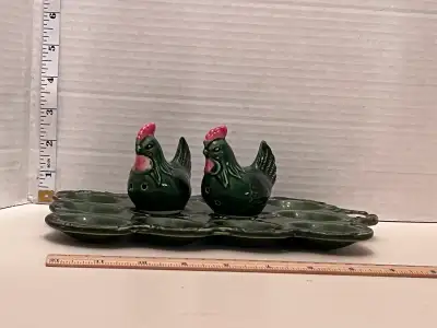 VINTAGE Ceramic Devilled Egg Platter Plus 2 Chicken Egg Cups, View more
