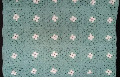 New aqua & white 66 x 47-inch hand-crocheted afghan blanket, View more