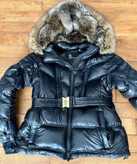 Moncler Grenoble belted fur hooded jacket in size 5 women
