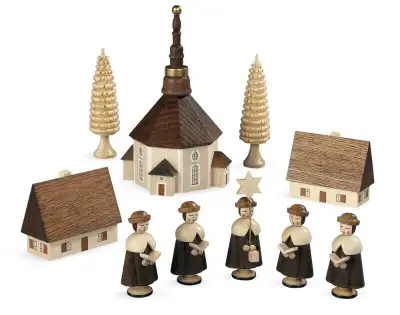 WEST GERMAN MINI WOOD CAROLLERS, CHURCH, TREES, LEIFFENER KIRCHE MIT KURRENDE BOX love this wooden s...