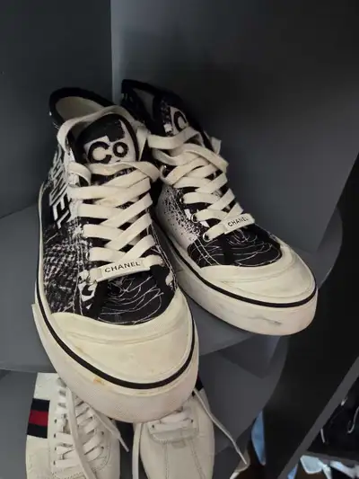 Chanel Graffiti Printed Fabric High Top Logo Sneakers, View more