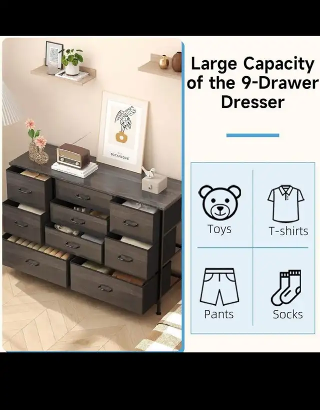 Flrrtenv Tall 9 Drawers Dresser Storage with Wood Top, TV Stand, in Dressers & Wardrobes in Hamilton - Image 6
