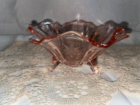 Vintage pink Depression glass bowl with etched flowers