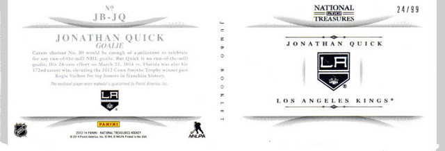 CARTE DE HOCKEY Jumbo Jerseys Booklet #16 Jonathan Quick/99 dans Art et objets de collection  à Thetford Mines - Image 2