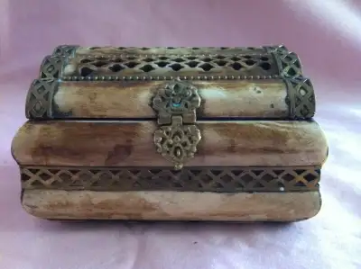 Vintage Carved Camel Bone And Brass Trinket Box, View more