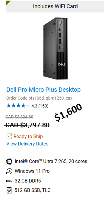 Dell Pro Micro Desktop Intel Core Ultra 7 265T 20 cores568798575508203521