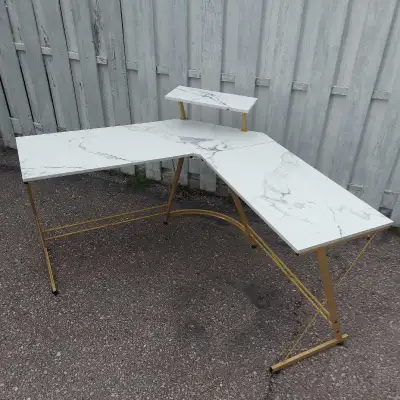 L-Shaped Corner Desk - White Marble & Gold, View more