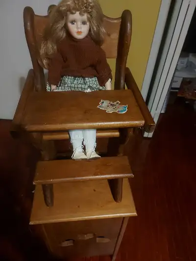 VINTAGE SOLID WOOD DOLL HIGHCHAIR. AND STORAGE CABINET. GOOD, View more