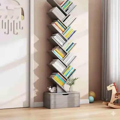 Modern Morandi Grey 10-Tier Tree Bookshelf with Storage Base (34cm x 20cm x 158cm). ✅ Brand New – Se...