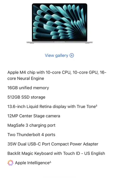 BNIB 13-Inch MacBook Air - Silver, M4, 16/512, View more