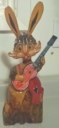 Vintage Old Russian Soviet Carved Wooden Figure Rabbit w/Guitar
