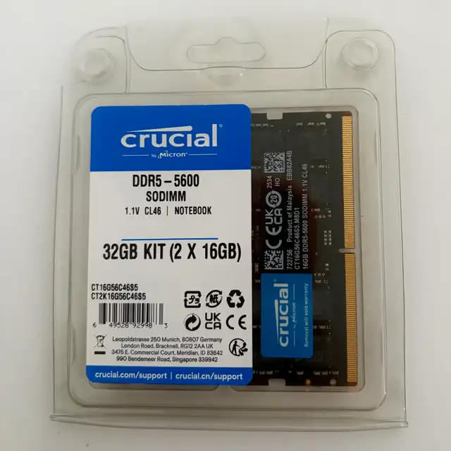 Crucial 32GB (2×16GB) DDR5-5600 SO-DIMM Laptop/Mini PC RAM in System Components in Mississauga / Peel Region - Image 2