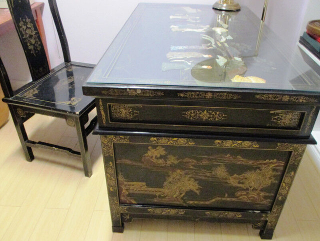 Vintage desk & chair with carved jade inlaid Black Lacquer in Desks in Stratford - Image 3
