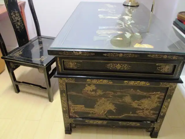 Vintage desk & chair with carved jade inlaid Black Lacquer in Desks in Stratford - Image 4