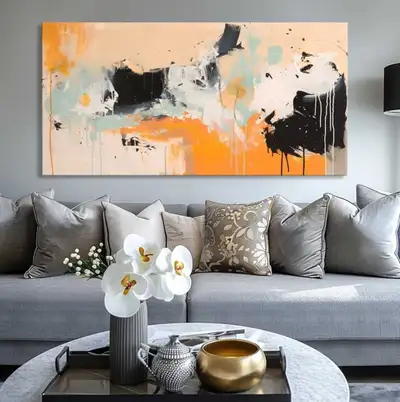 Wall Art Abstract Splash Ink Artwork Orange and Black Canvas Prints for Living Room Bedroom Dining R...