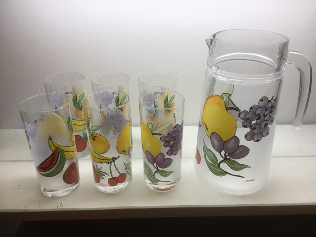 Vintage Colourful Glass Lemonade Pitcher and Glasses Set in Kitchen & Dining Wares in City of Toronto