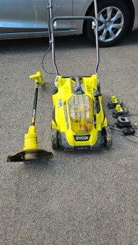 Ryobi 16" mower, trimmer, two batteries and charger (18V)