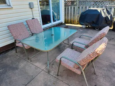 Outdoor Patio Dining Set: Glass Top Table + 4 Chairs w/ Cushions, View more